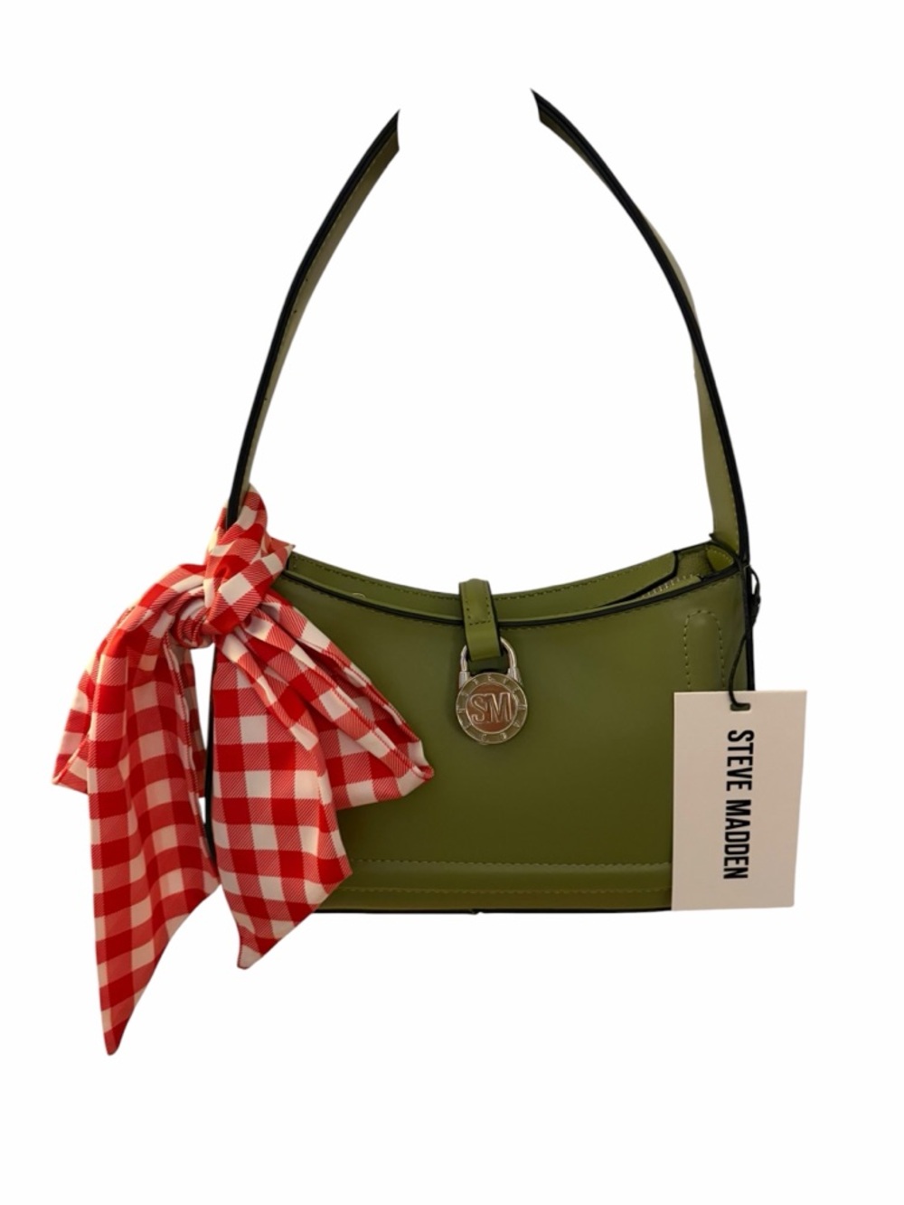 Steve Madden Olive Green Shoulder Bag with Red Gingham Scarf
